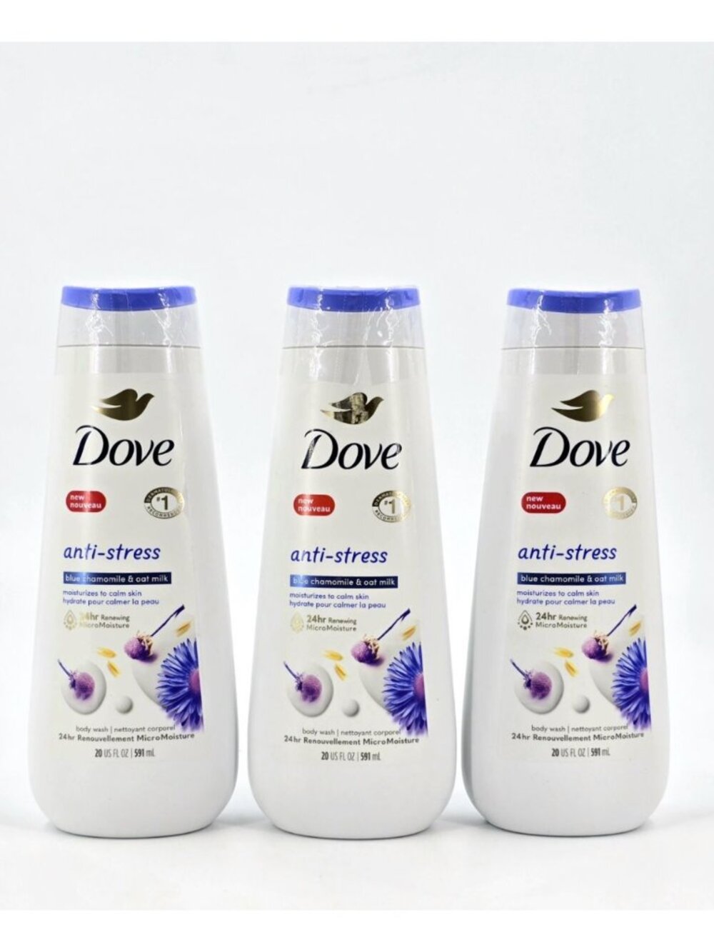 Lot Of 3 DOVE ANTI STRESS BLUE CHAMOMILE AND OAT MILK BODY WASH, 20oz